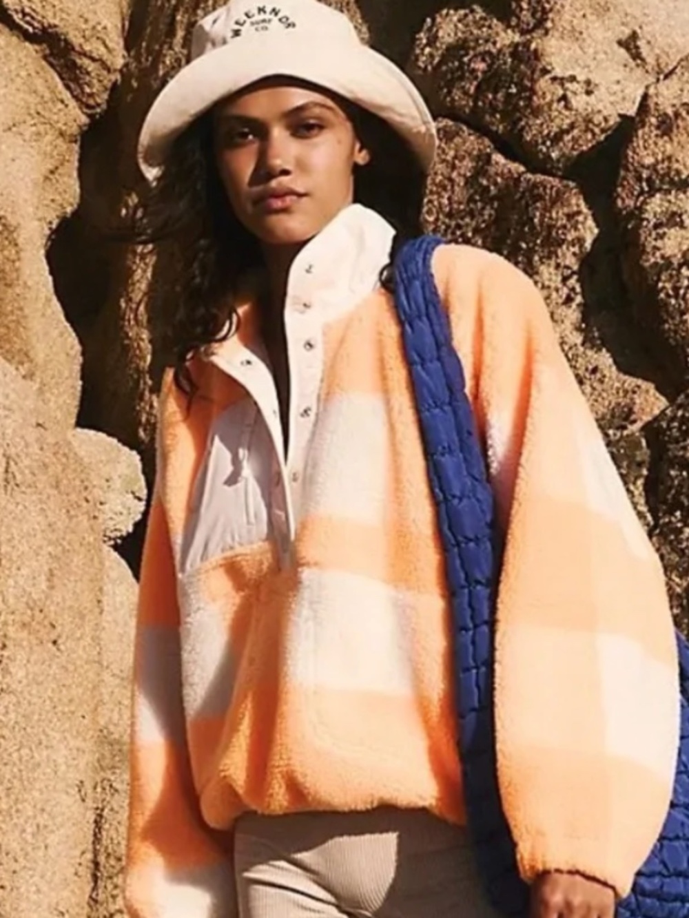 Free People FP movement Xs hit the slopes printed fleece pullover orange plaid - Picture 2 of 7